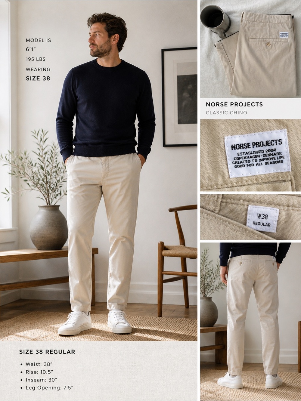 Norse Projects Khaki Chino Pants W38 Minimalist Scandinavian Designer Trousers